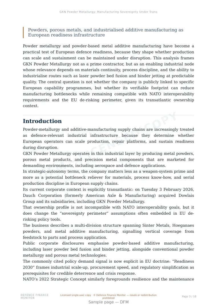 Sample page from “GKN Powder Metallurgy: Manufacturing Sovereignty Under Transatlantic Ownership” — 19-page report