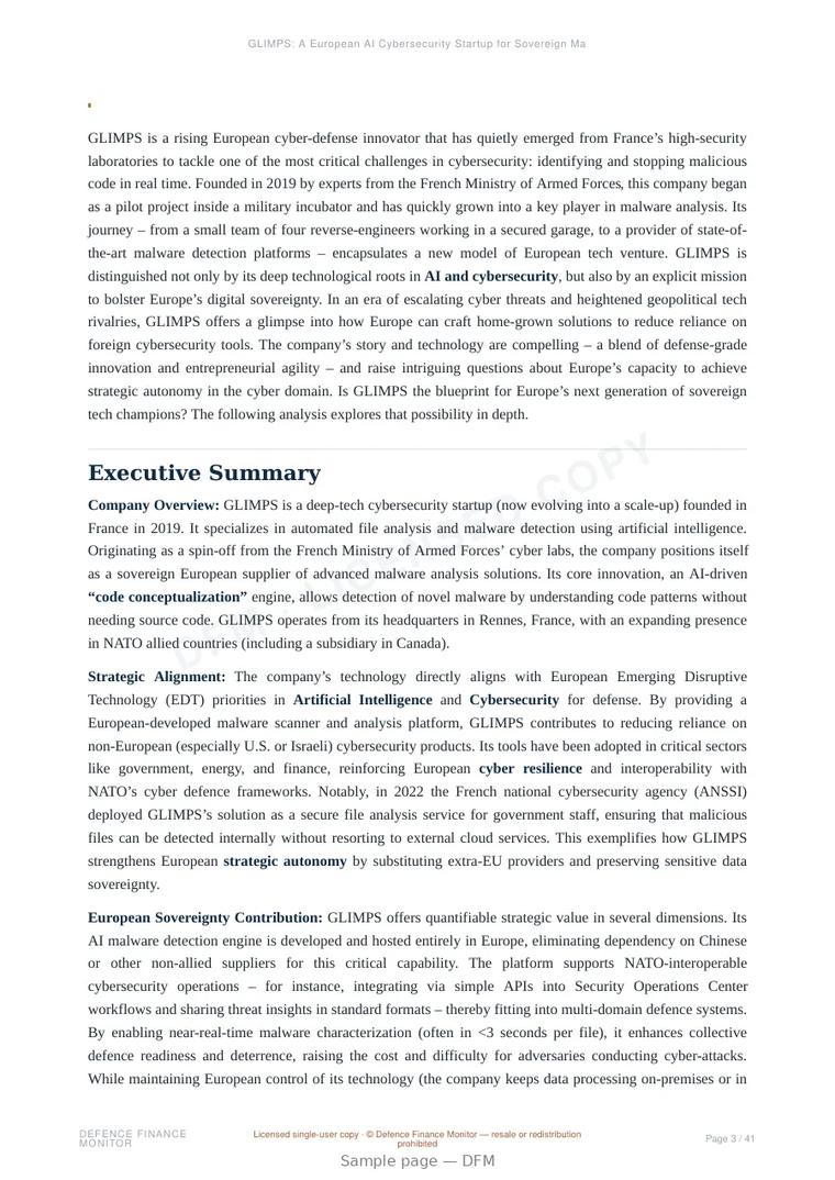 Sample page from “GLIMPS: A European AI Cybersecurity Startup for Sovereign Malware Analysis” — 42-page report