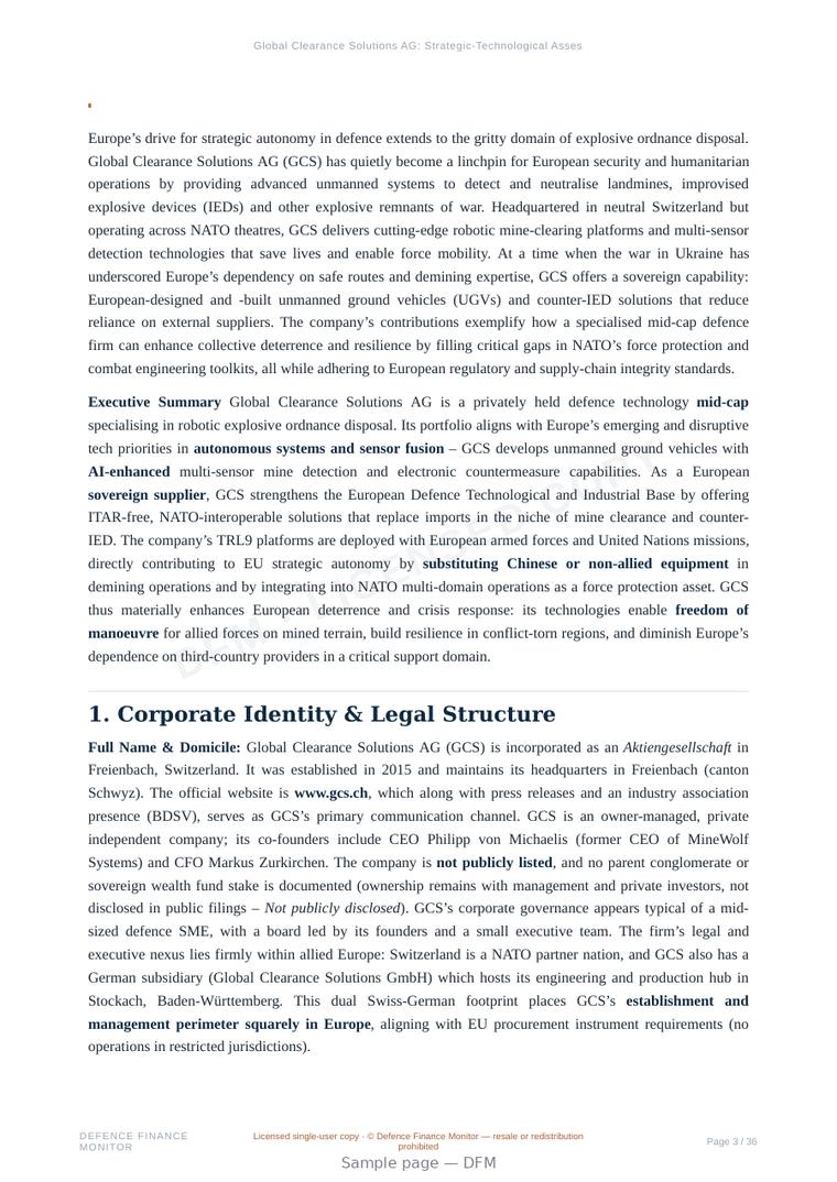 Sample page from “Global Clearance Solutions AG: Strategic-Technological Assessment for European Defence Autonomy and NATO Interoperability” — 37-page report