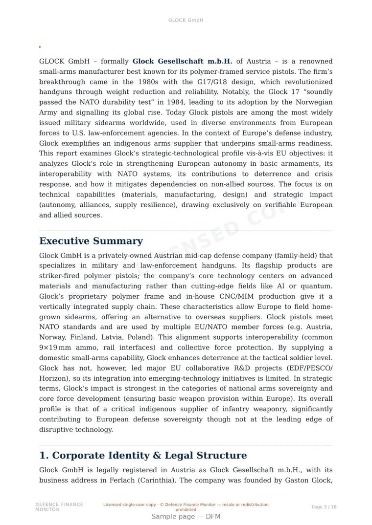 Sample page from “GLOCK GmbH” — 17-page report
