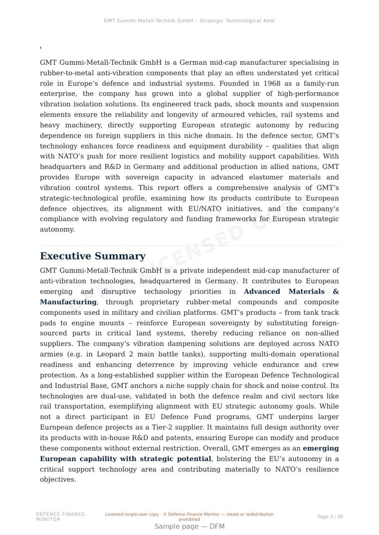 Sample page from “GMT Gummi-Metall-Technik GmbH – Strategic Technological Analysis” — 40-page report