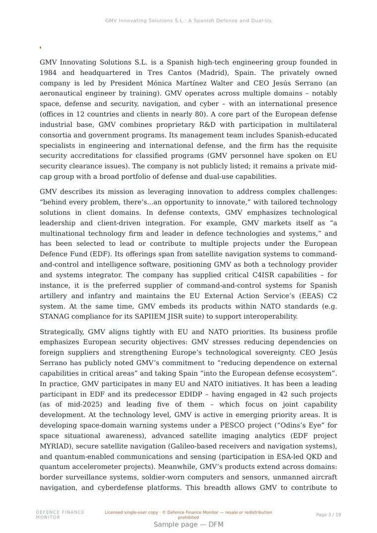 Sample page from “GMV Innovating Solutions S.L.: A Spanish Defense and Dual-Use Technology Group” — 20-page report