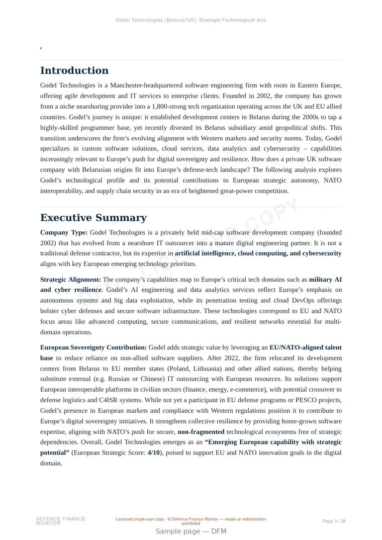 Sample page from “Godel Technologies” — 29-page report
