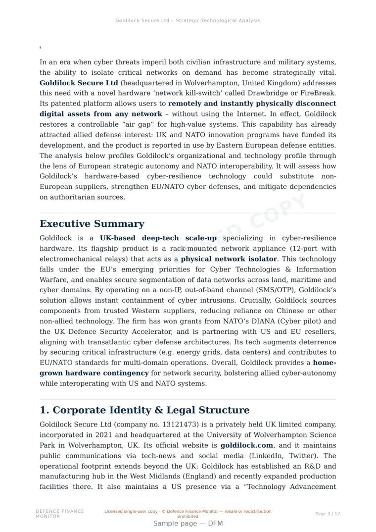 Sample page from “Goldilock Secure Ltd — United Kingdom cybersecurity company” — 18-page report