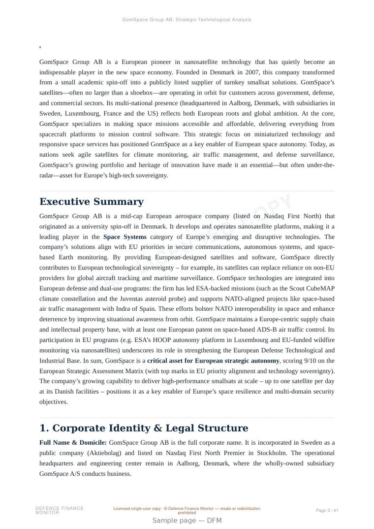 Sample page from “GomSpace Group AB — Denmark satellite platforms company” — 42-page report