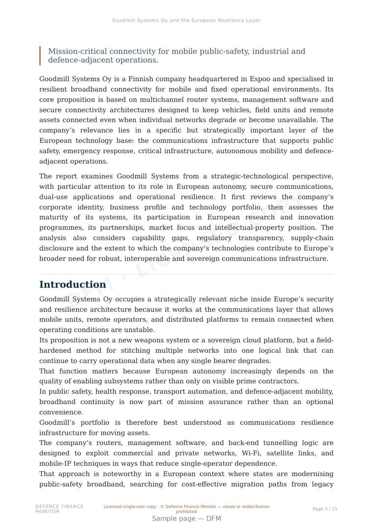Sample page from “Goodmill Systems Oy and the European Resilience Layer” — 16-page report