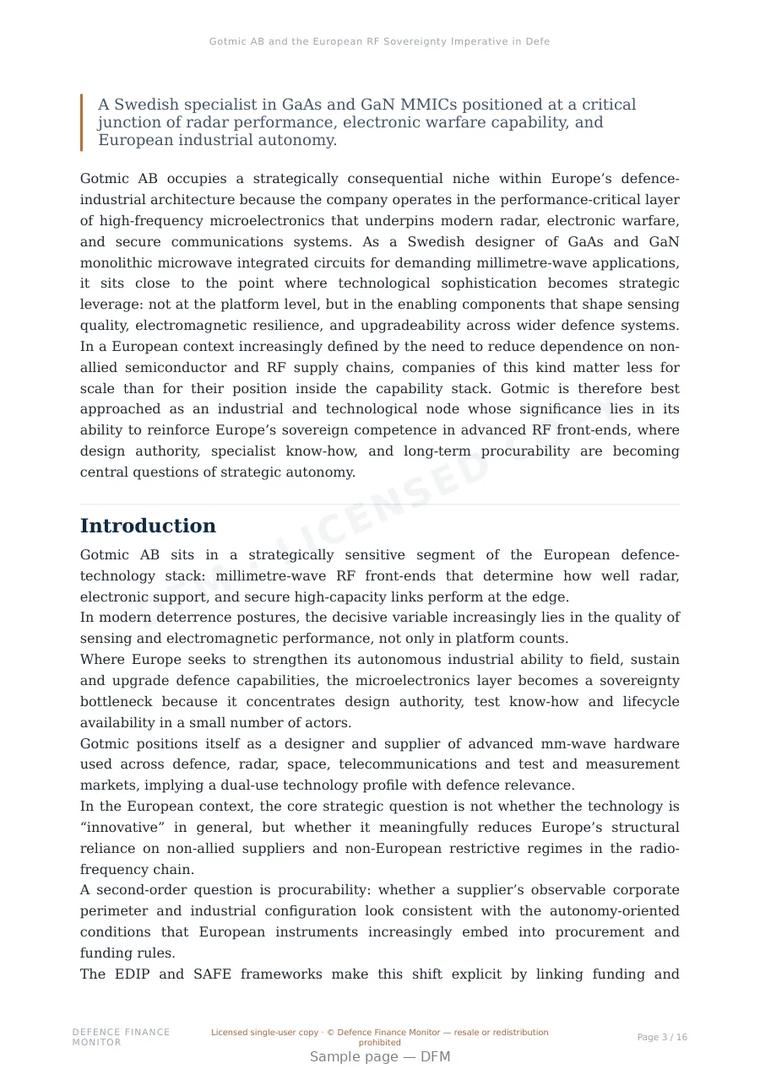 Sample page from “Gotmic AB and the European RF Sovereignty Imperative in Defence-Grade Millimetre-Wave Microelectronics” — 17-page report