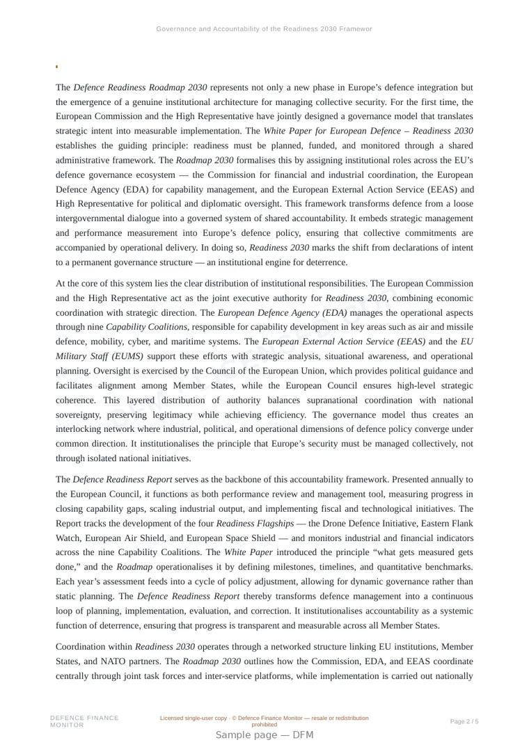Sample page from “Governance and Accountability of the Readiness 2030 Framework: From Political Vision to Institutional Capability” — 6-page report