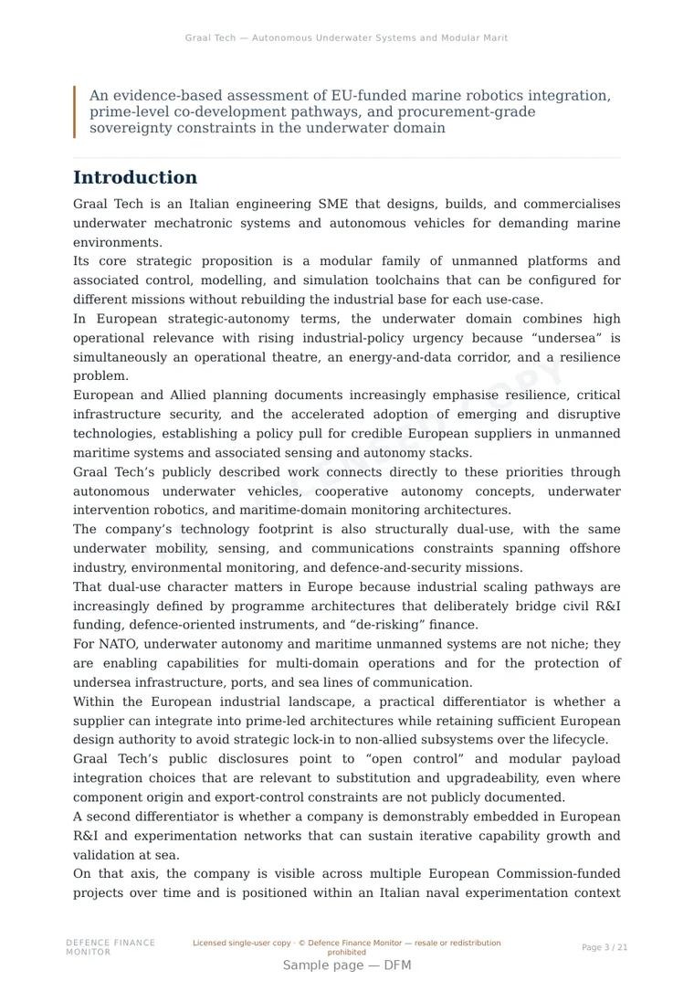 Sample page from “Graal Tech — Autonomous Underwater Systems and Modular Maritime Robotics within the Framework of European Strategic Autonomy” — 22-page report