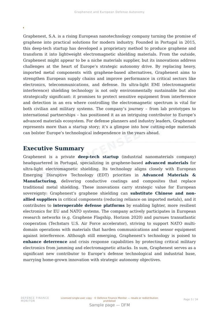 Sample page from “Graphenest and European Defense Autonomy” — 35-page report