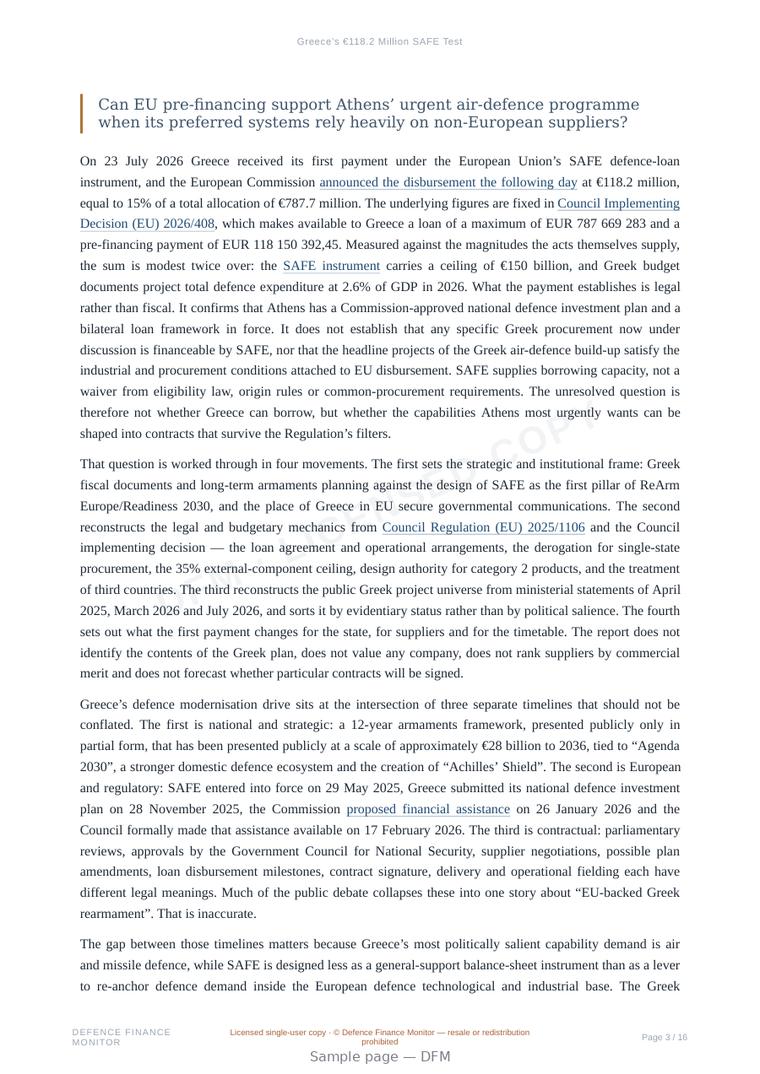 Sample page from “Greece’s €118.2 Million SAFE Test” — 17-page report