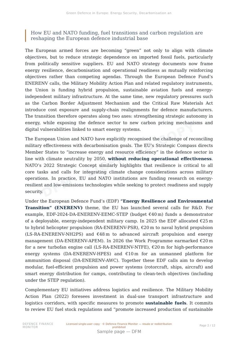 Sample page from “Green Defence in Europe: Energy Security, Decarbonisation and Industrial Constraints” — 13-page report