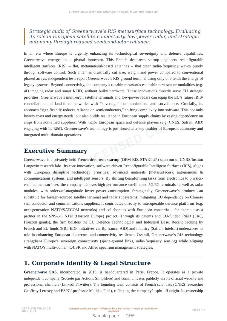 Sample page from “Greenerwave (France): Strategic Analysis of Metamaterials and Electromagnetic Control” — 12-page report