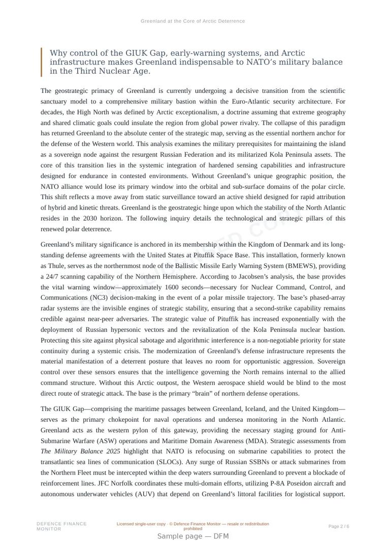 Sample page from “Greenland at the Core of Arctic Deterrence” — 7-page report