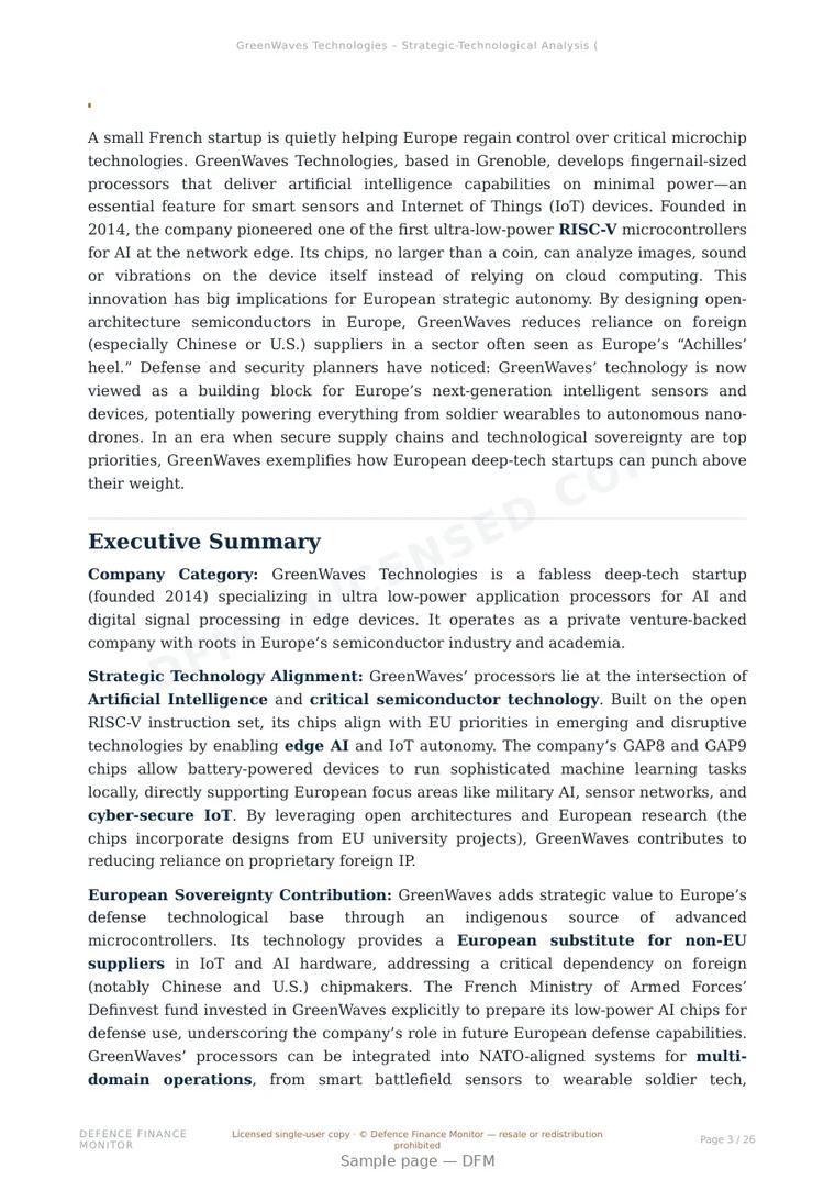 Sample page from “GreenWaves Technologies — France semiconductors company” — 27-page report