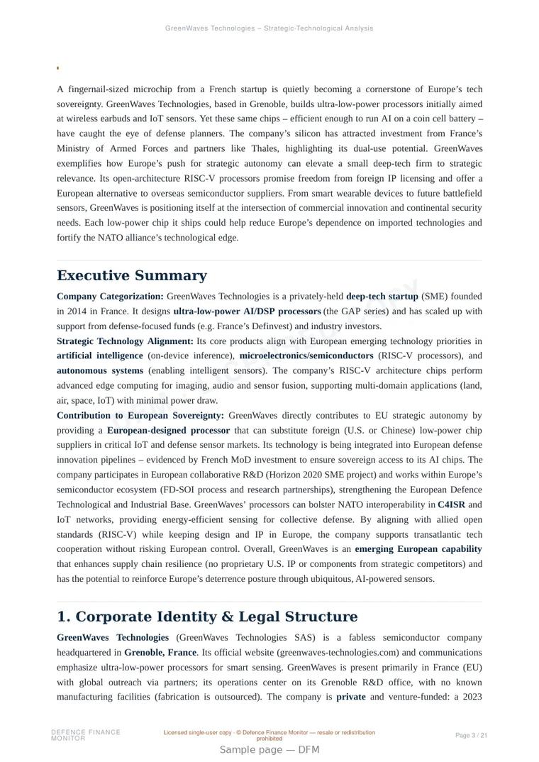 Sample page from “GreenWaves Technologies — France system-on-chip company” — 22-page report