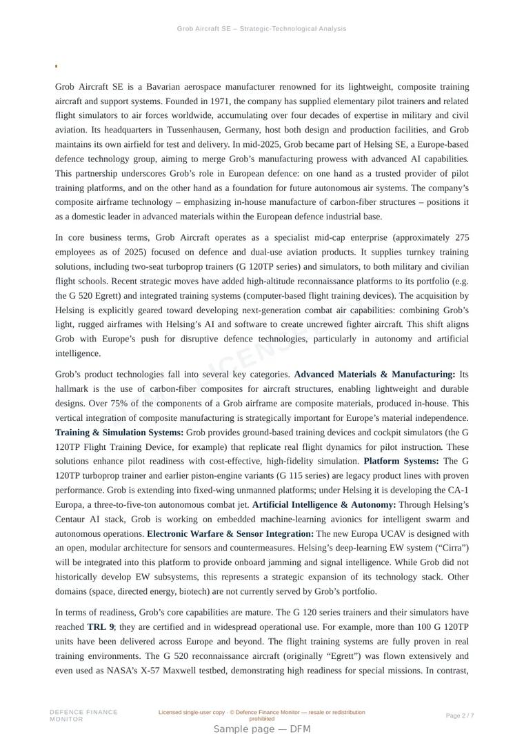 Sample page from “Grob Aircraft SE — artificial intelligence company” — 8-page report