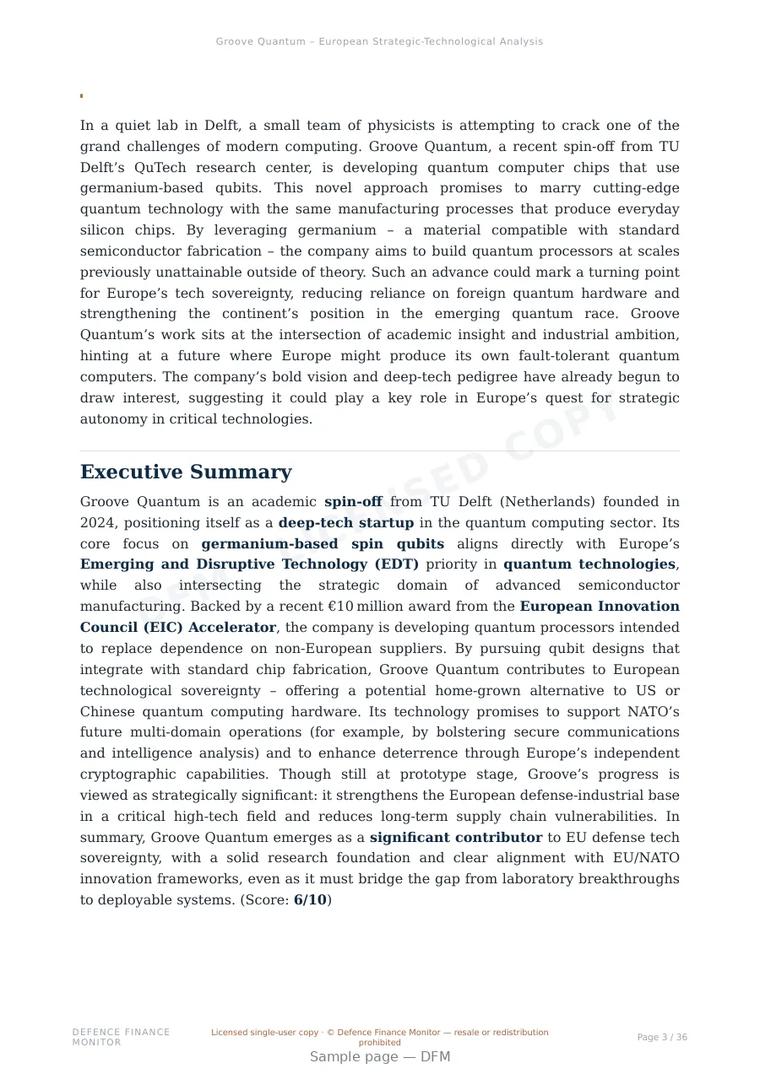 Sample page from “Groove Quantum — Netherlands quantum company” — 37-page report