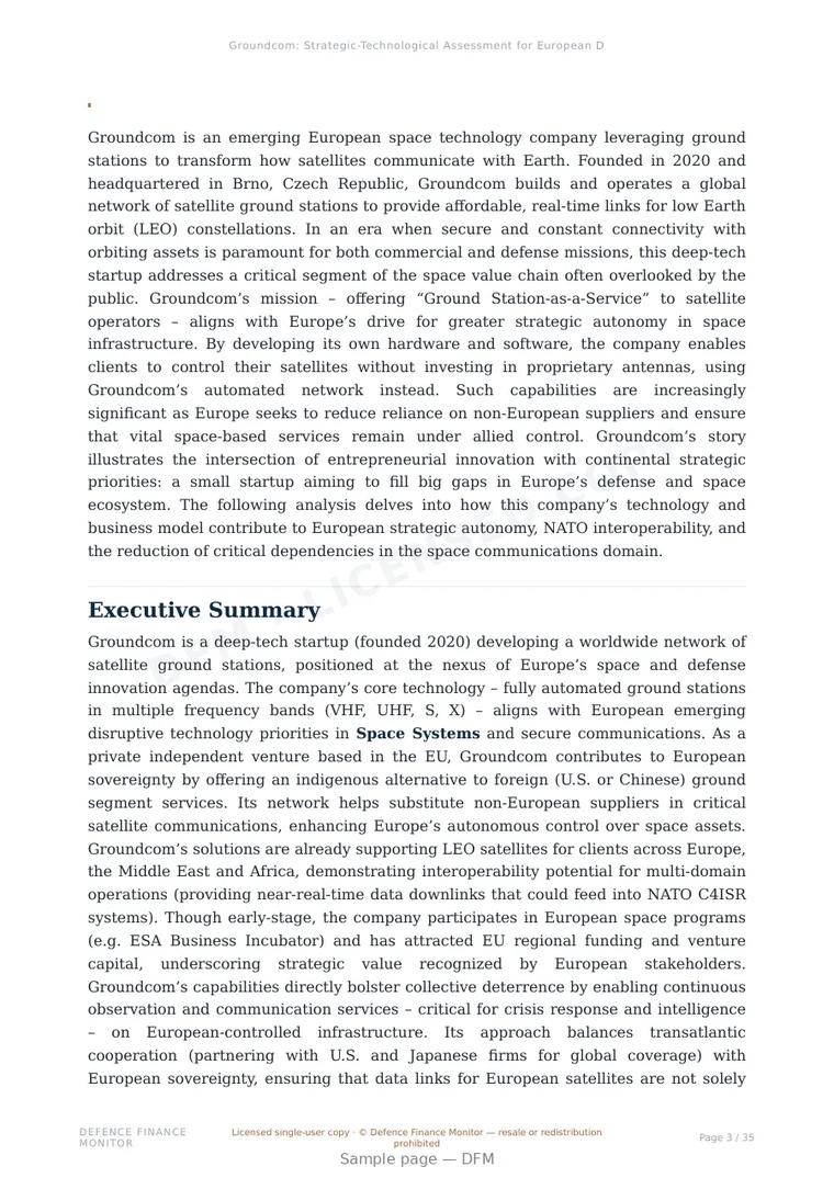 Sample page from “Groundcom: Strategic-Technological Assessment for European Defense and Space Autonomy” — 36-page report