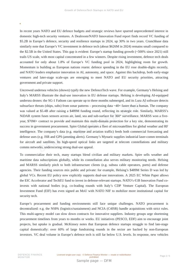 Sample page from “Growth of DefenceTech Startups in NATO and EU” — 6-page report