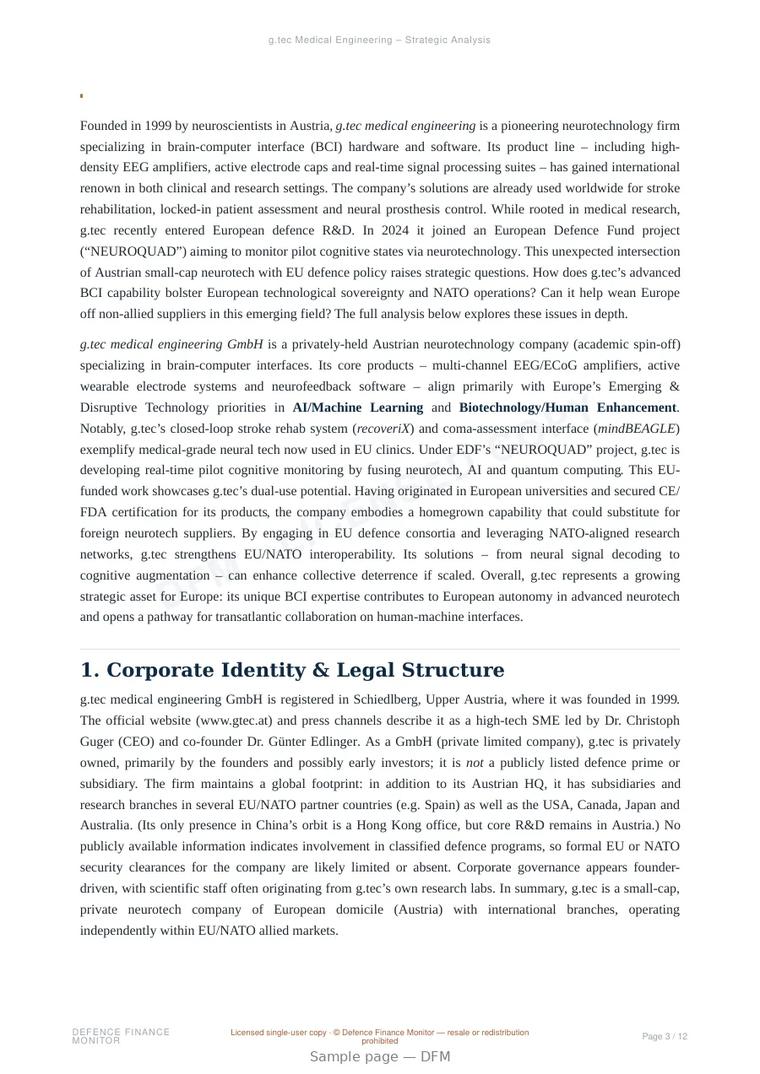 Sample page from “g.tec Medical Engineering – Strategic Analysis” — 13-page report