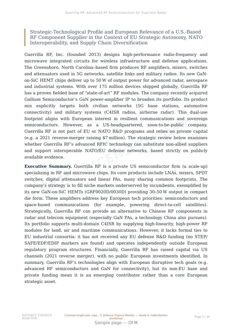 Sample page from “Guerrilla RF: Advanced RF Semiconductors for Dual-Use Radar and Communications” — 21-page report