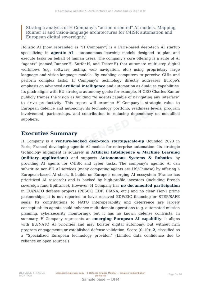 Sample page from “H Company: Agentic AI Architectures and Autonomous Digital Workflow Orchestration” — 21-page report
