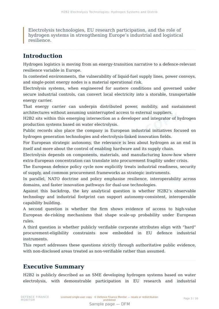 Sample page from “H2B2 Electrolysis Technologies: Hydrogen Systems and Distributed Energy Resilience in the European Strategic Autonomy Framework” — 17-page report