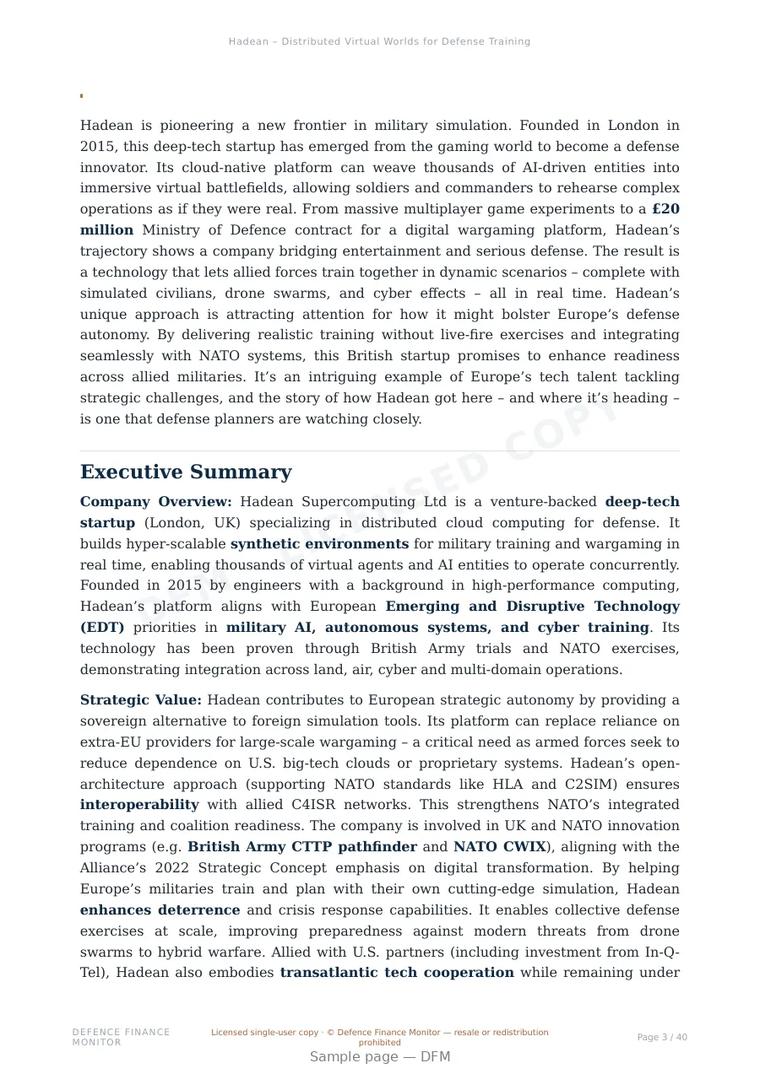 Sample page from “Hadean – Distributed Virtual Worlds for Defense Training” — 41-page report