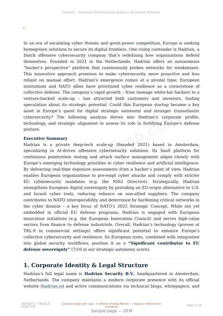 Sample page from “Hadrian — Netherlands cybersecurity company” — 29-page report
