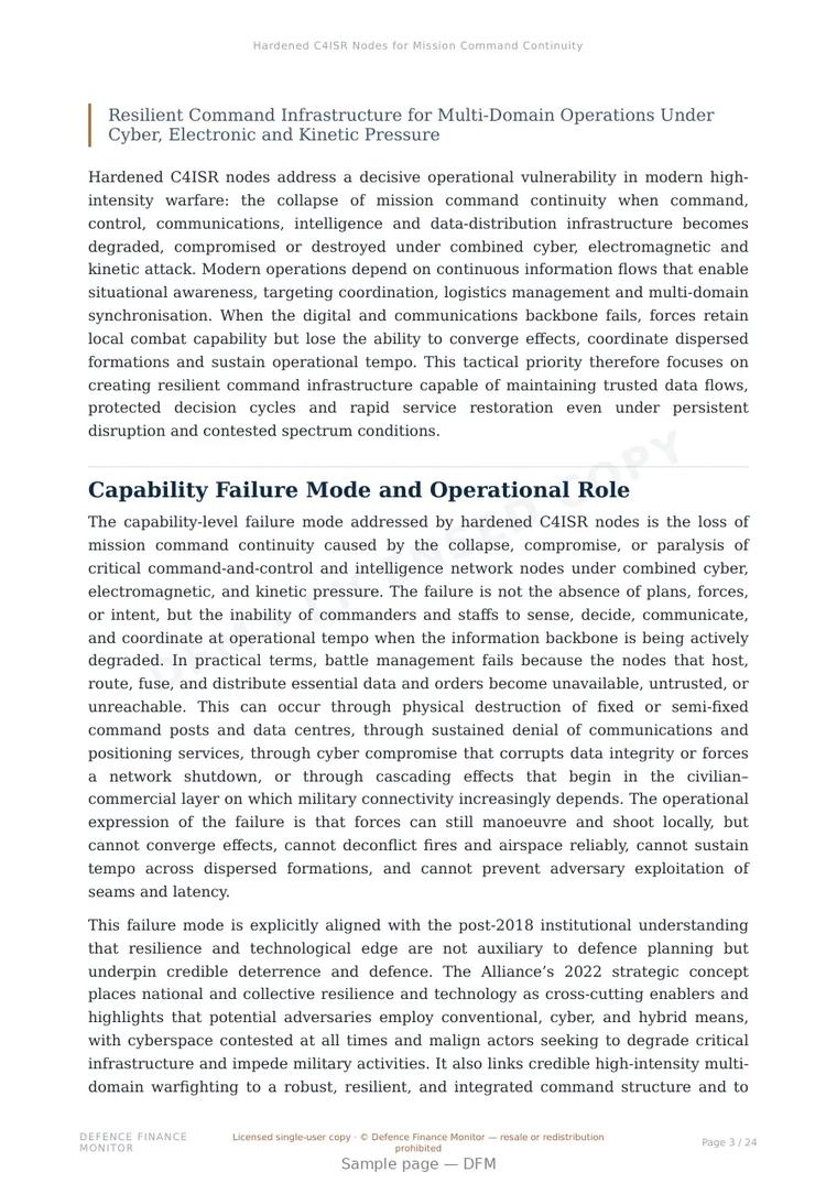 Sample page from “Hardened C4ISR Nodes for Mission Command Continuity” — 25-page report