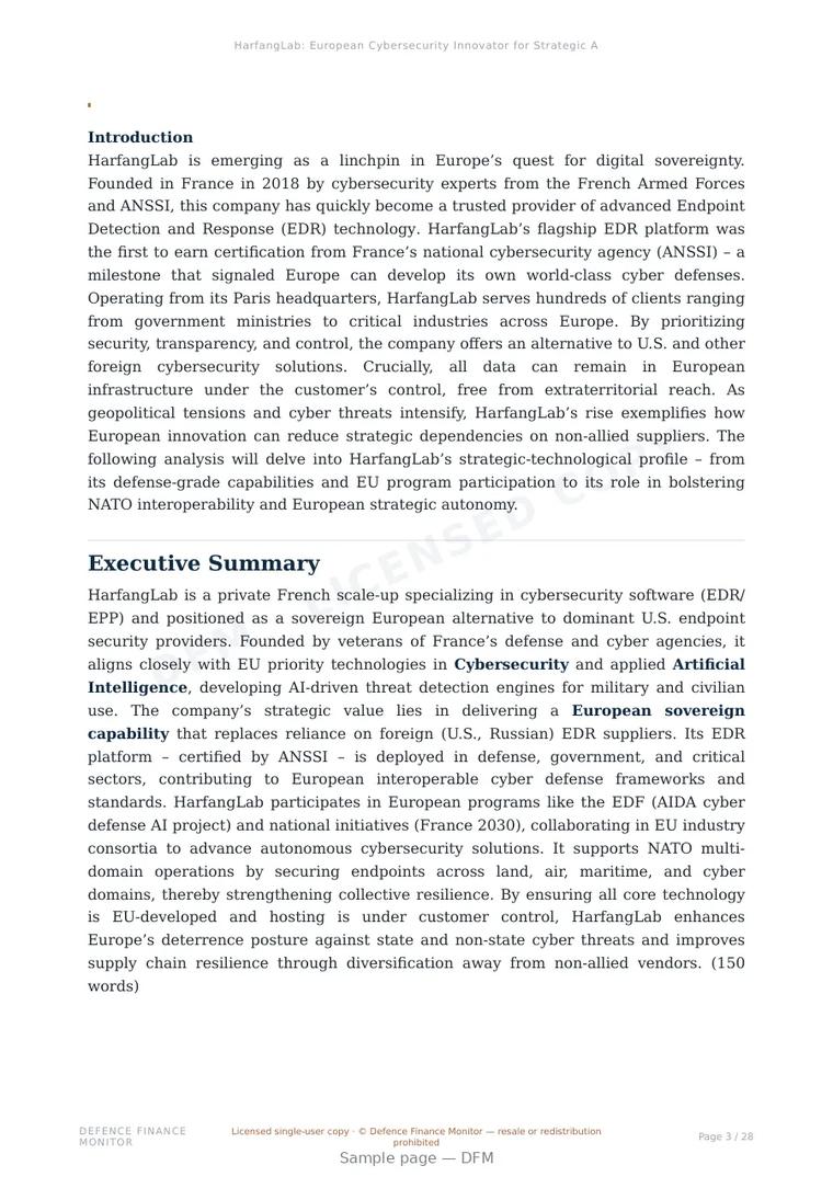 Sample page from “HarfangLab: European Cybersecurity Innovator for Strategic Autonomy” — 29-page report