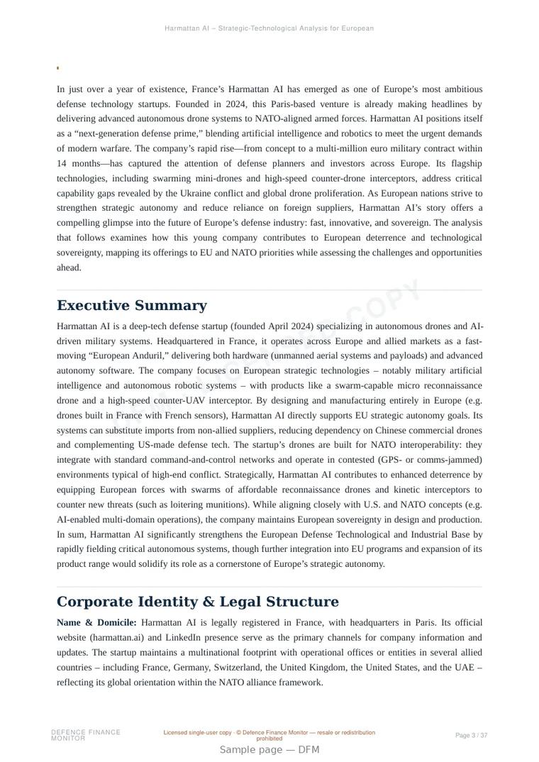 Sample page from “Harmattan AI — France defence company” — 38-page report