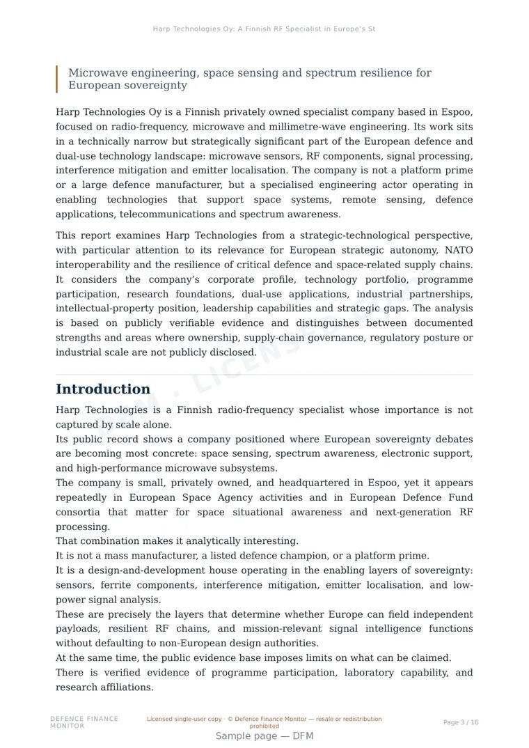 Sample page from “Harp Technologies Oy: A Finnish RF Specialist in Europe’s Strategic Technology Base” — 17-page report