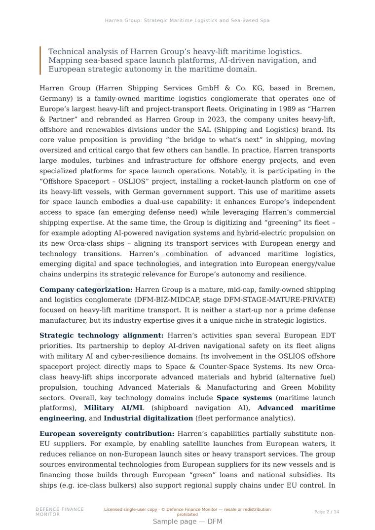 Sample page from “Harren Group: Strategic Maritime Logistics and Sea-Based Space Launch Platforms” — 15-page report