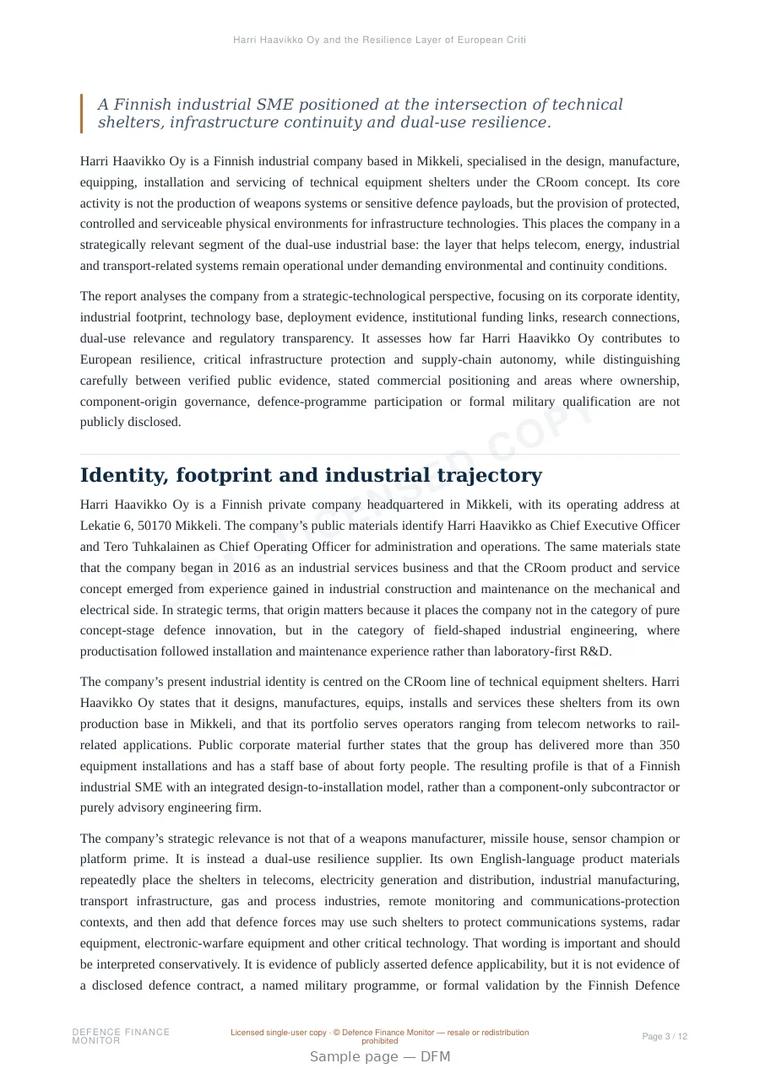Sample page from “Harri Haavikko Oy and the Resilience Layer of European Critical Infrastructure” — 13-page report