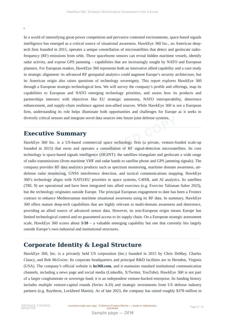 Sample page from “HawkEye 360: Strategic-Technological Assessment from a European Security Perspective” — 17-page report