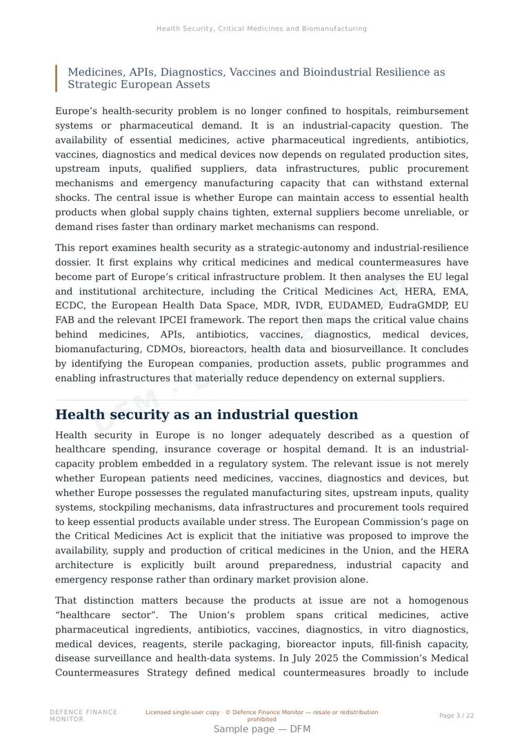 Sample page from “Health Security, Critical Medicines and Biomanufacturing” — 23-page report