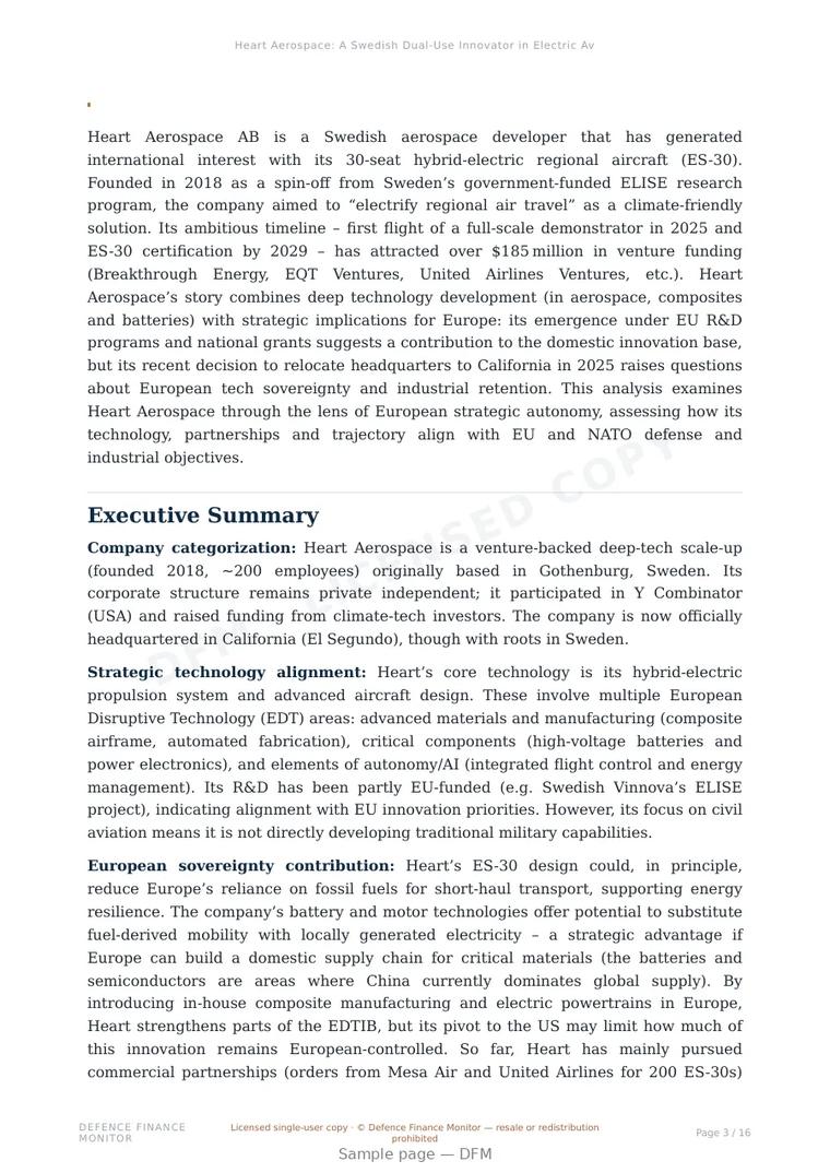 Sample page from “Heart Aerospace: A Swedish Dual-Use Innovator in Electric Aviation” — 17-page report