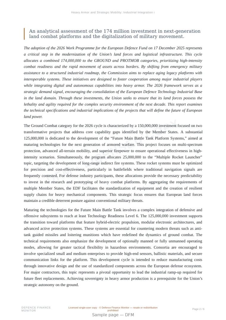 Sample page from “Heavy Armor and Strategic Mobility: Industrial Integration in the 2026 EDF” — 7-page report