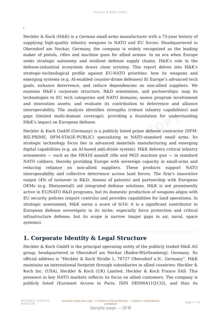 Sample page from “Heckler & Koch (H&K)” — 15-page report