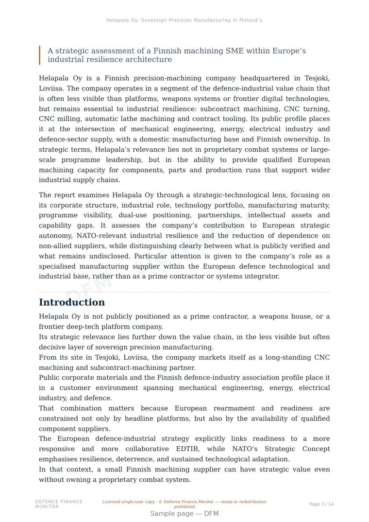 Sample page from “Helapala Oy: Sovereign Precision Manufacturing in Finland’s Defence-Industrial Base” — 15-page report