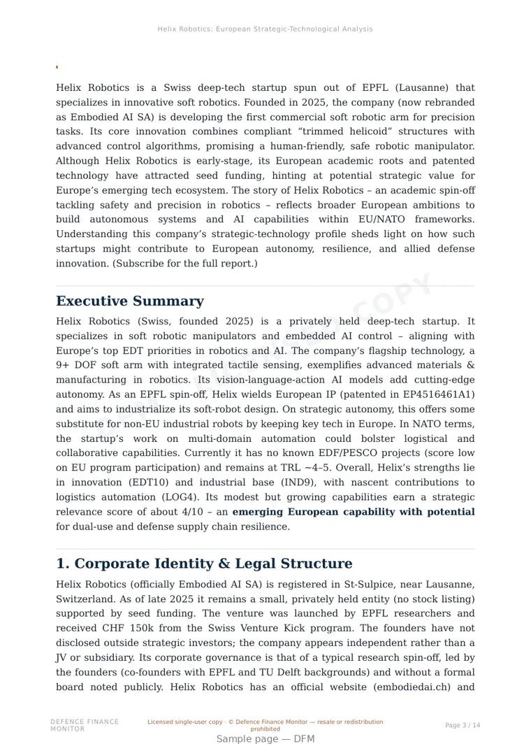 Sample page from “Helix Robotics — Switzerland autonomous systems company” — 15-page report
