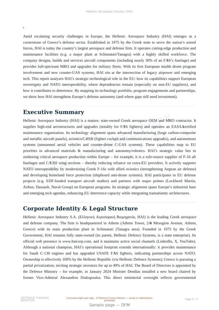 Sample page from “Hellenic Aerospace Industry (HAI)” — 12-page report