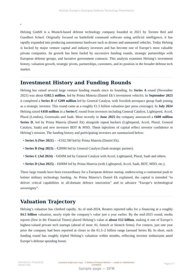 Sample page from “Helsing: Europe’s Emerging Defense Technology Powerhouse” — 8-page report