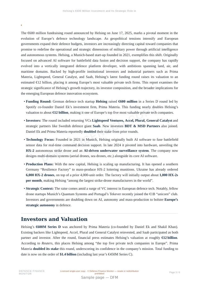 Sample page from “Helsing’s €600 Million Investment and Its Strategic Role in European Defence AI” — 7-page report