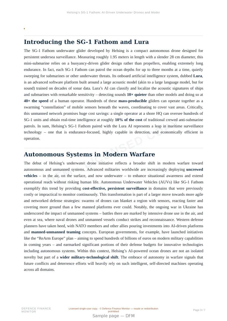 Sample page from “Helsing’s SG-1 Fathom: AI-Driven Underwater Drones and Modern Maritime Security” — 8-page report