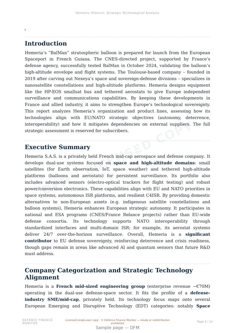 Sample page from “Hemeria — France satellite platforms company” — 15-page report