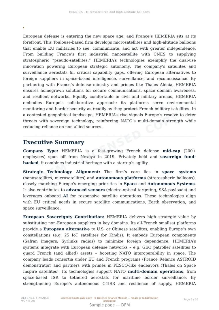 Sample page from “HEMERIA - Microsatellites and high-altitude balloons” — 37-page report