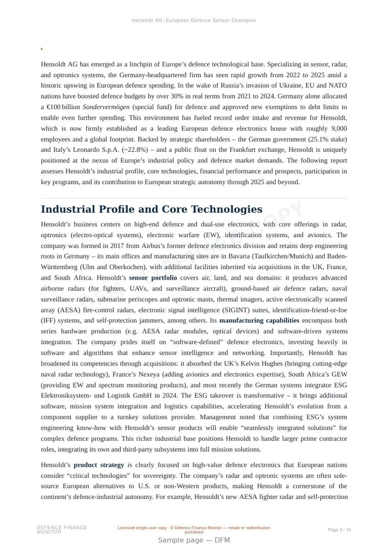 Sample page from “Hensoldt AG: European Defence Sensor Champion” — 17-page report
